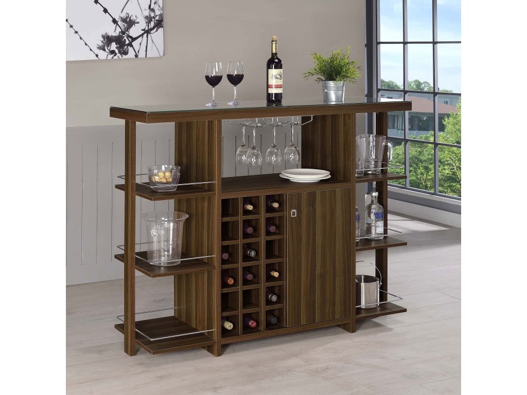 Evelio 6-Shelf Glass Top Home Bar Wine Cabinet Walnut