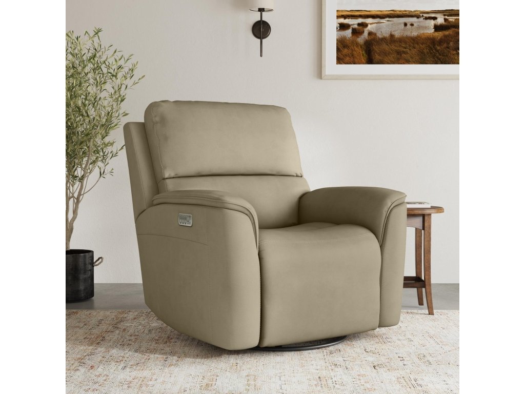 Henry Beige Leather Power Swivel Gliding Recliner with Power Headrest, Lumbar, Heat & Massage