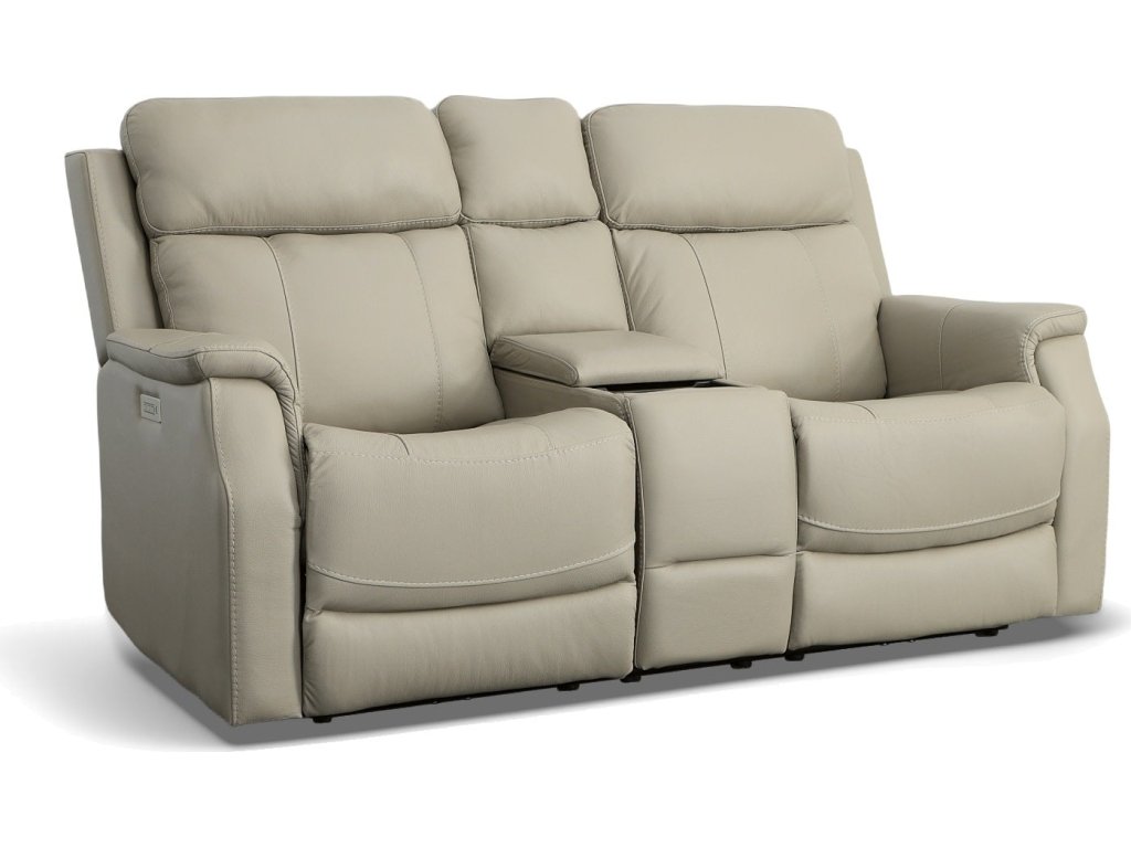 Easton Dove Leather Power Reclining Loveseat with Console, Power Headrests & Lumbar