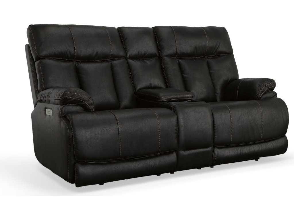 Clive Peppercorn Fabric Power Reclining Loveseat with Console, Power Headrests & Lumbar