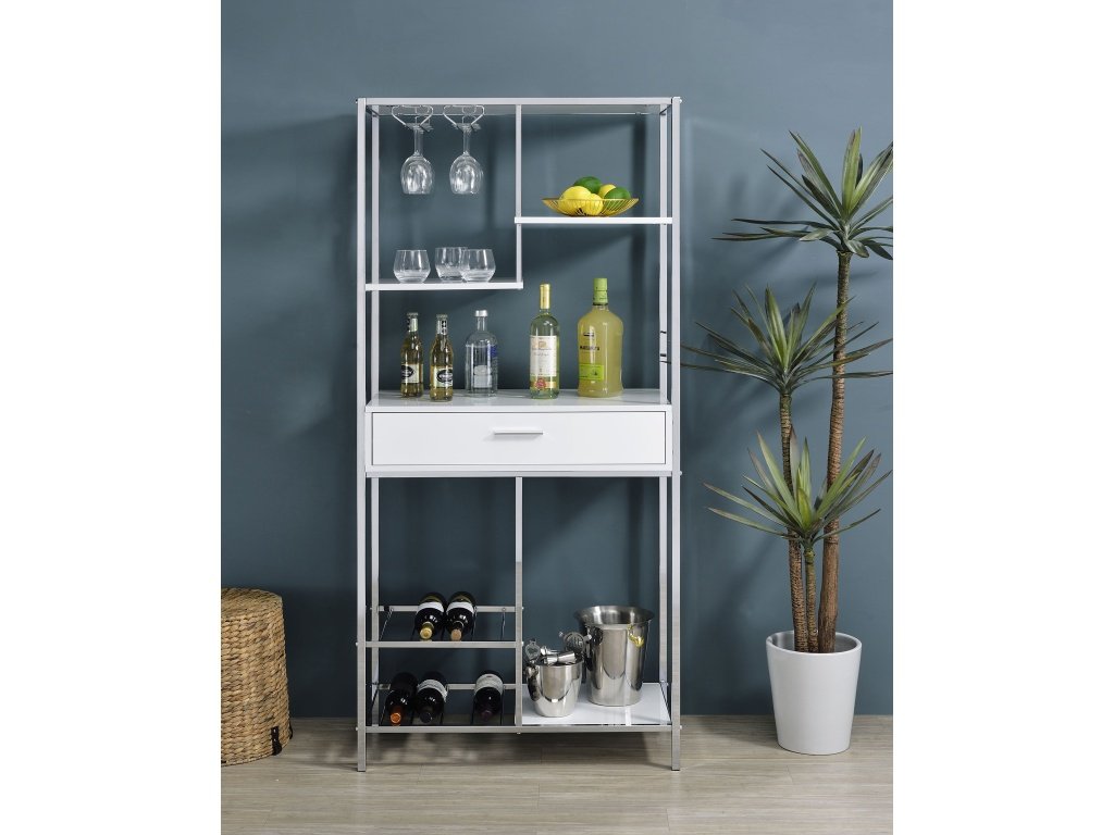 Figueroa 5-Shelf Wine Cabinet With Storage Drawer White High Gloss And Chrome