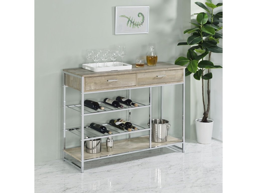 Melrose 2-Shelf Wine Cabinet With 2 Drawers Gray Washed Oak And Chrome