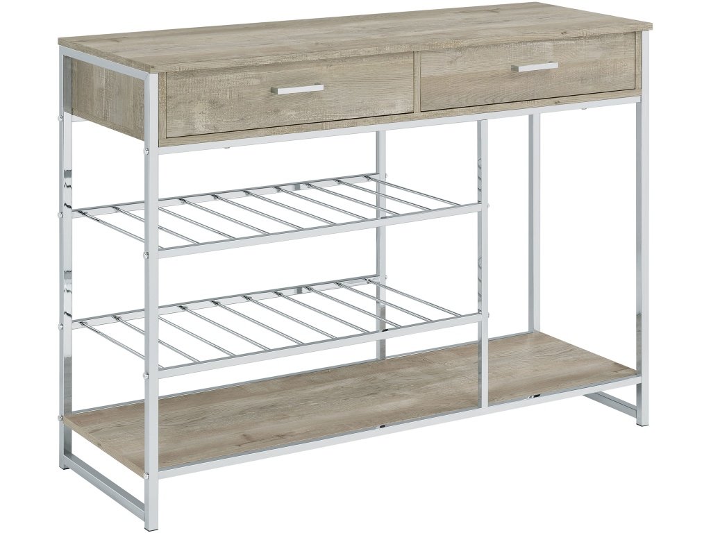 Melrose 2-Shelf Wine Cabinet With 2 Drawers Gray Washed Oak And Chrome