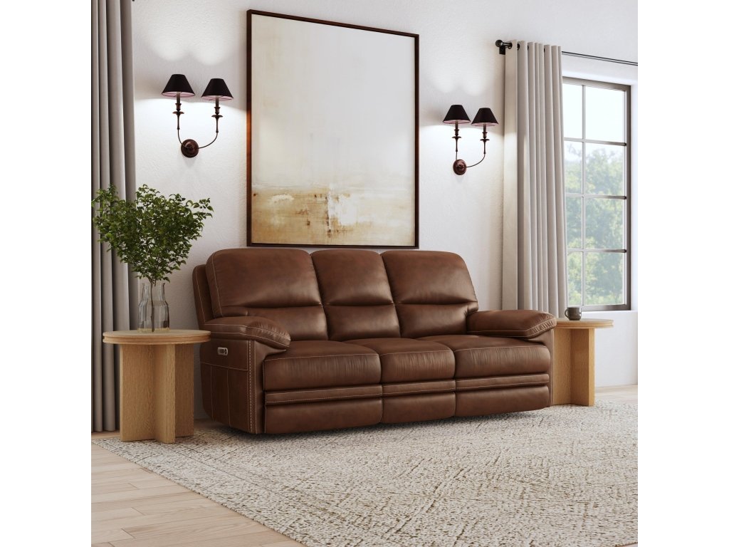 David Pecan Leather Power Reclining Sofa with Power Headrests & Lumbar