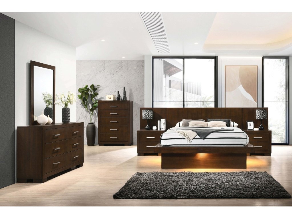 Jessica Wood Queen LED Panel Bed Cappuccino