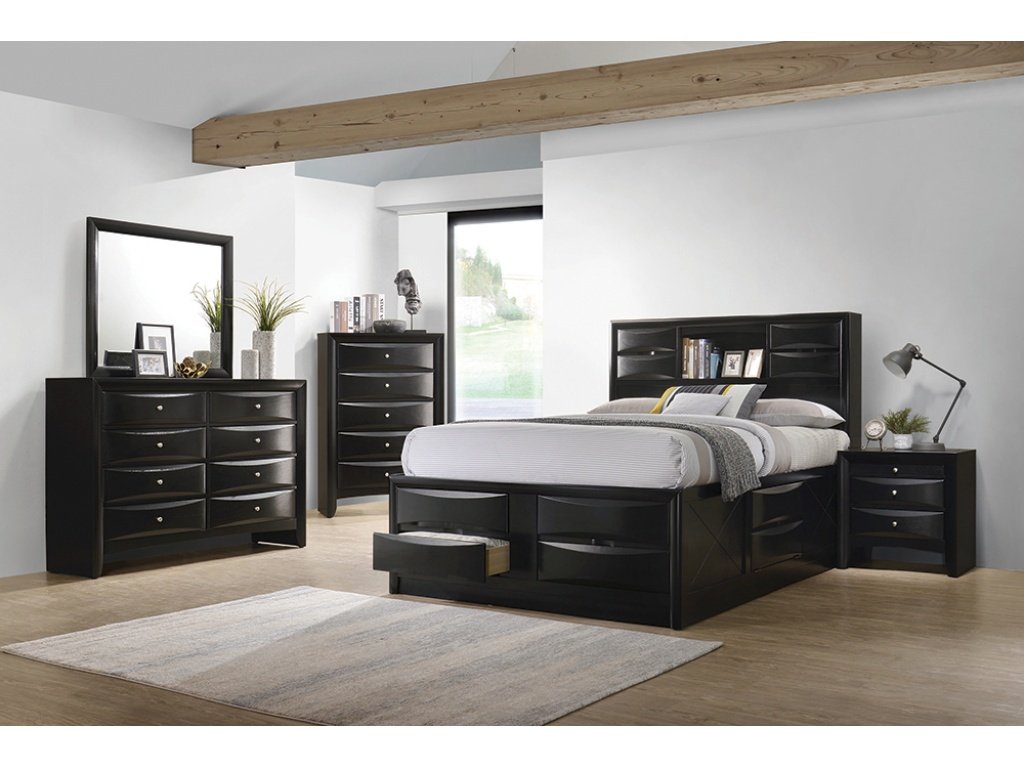 Briana Wood Queen Storage Bookcase Bed Black