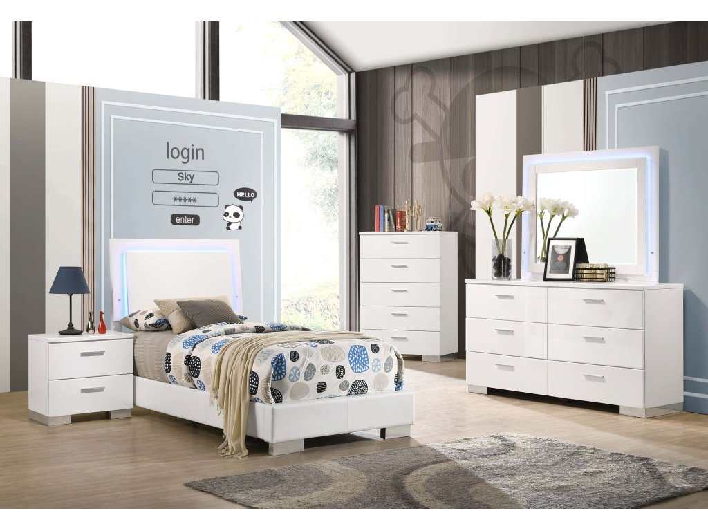 Felicity 5-Piece Twin Bedroom Set With LED Headboard Glossy White