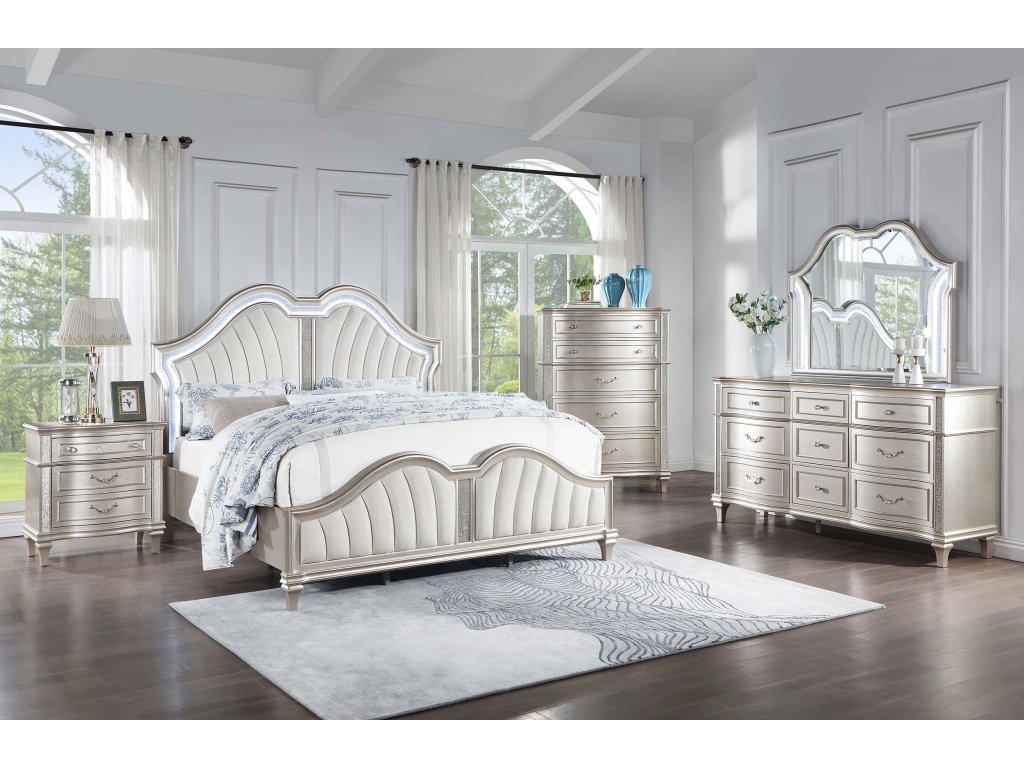 Evangeline 5-Piece Upholstered Platform California King Bedroom Set Ivory And Silver Oak