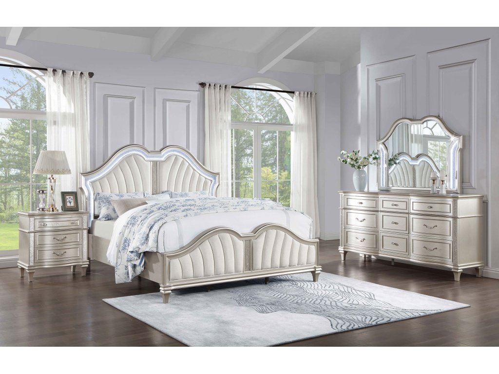 Evangeline 4-Piece Upholstered Platform Queen Bedroom Set Ivory And Silver Oak