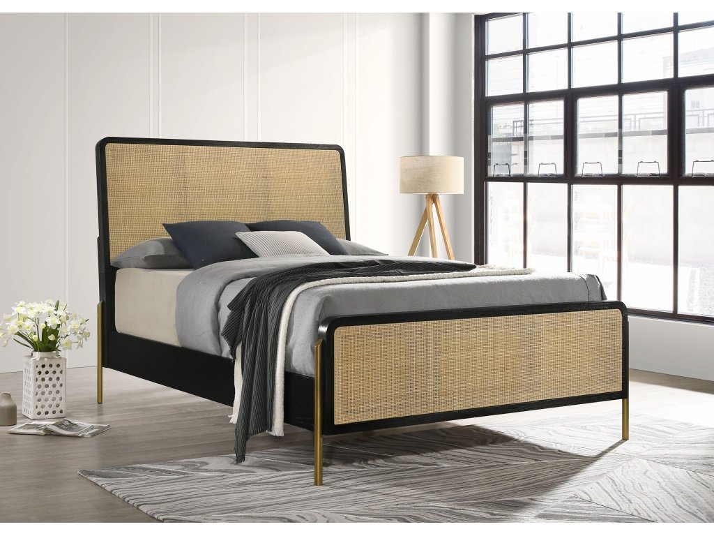 Arini Queen Bed With Woven Rattan Headboard Black And Natural