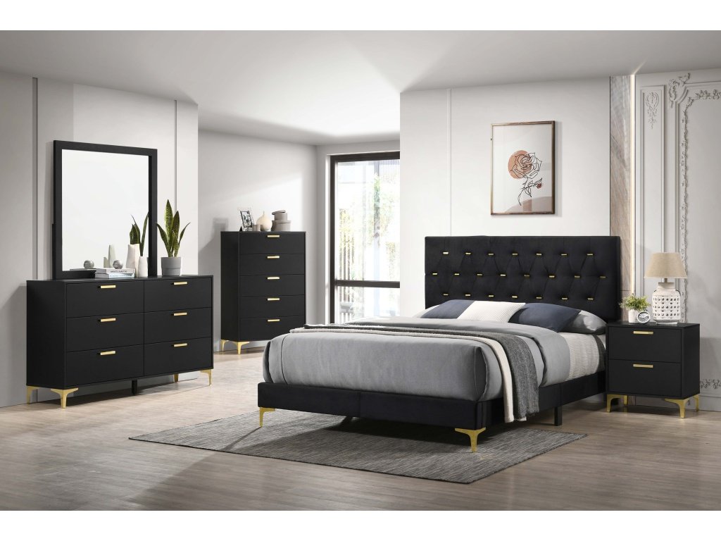 Kendall 5-Piece Tufted Panel Eastern King Bedroom Set Black And Gold