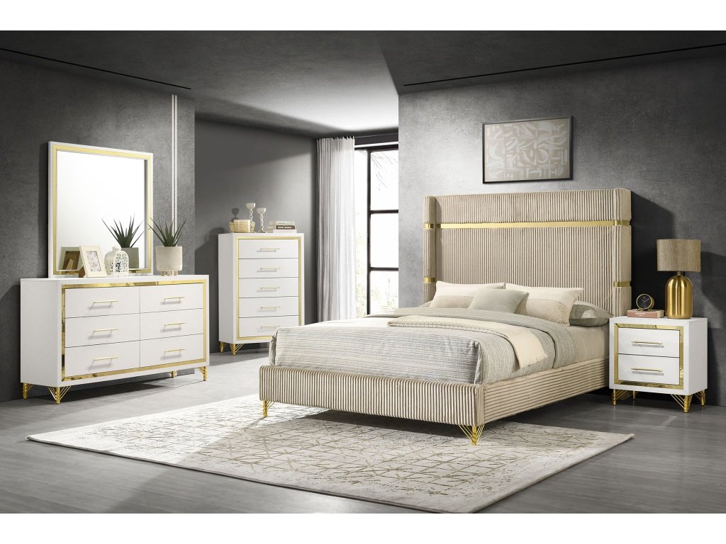 Lucia 5-Piece Bedroom Set With Upholstered Queen Wingback Panel Bed Beige