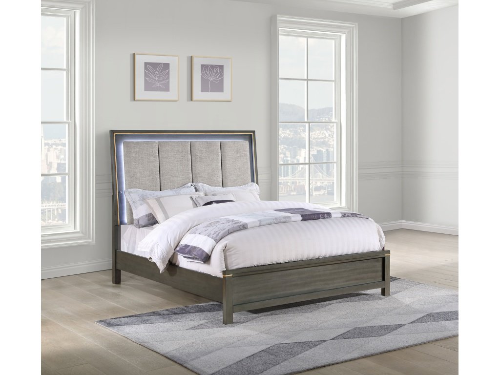 Kieran California King Panel Bed With Upholstered LED Headboard Grey