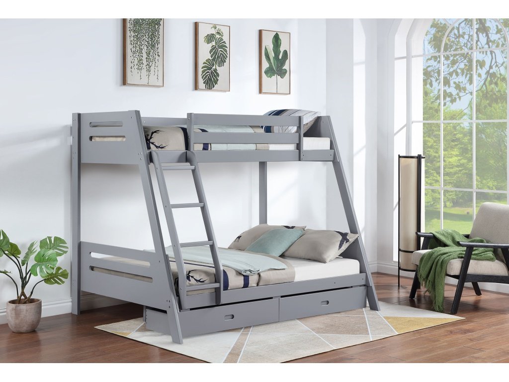 Trisha Wood Twin Over Full Bunk Bed With Storage Drawers Grey