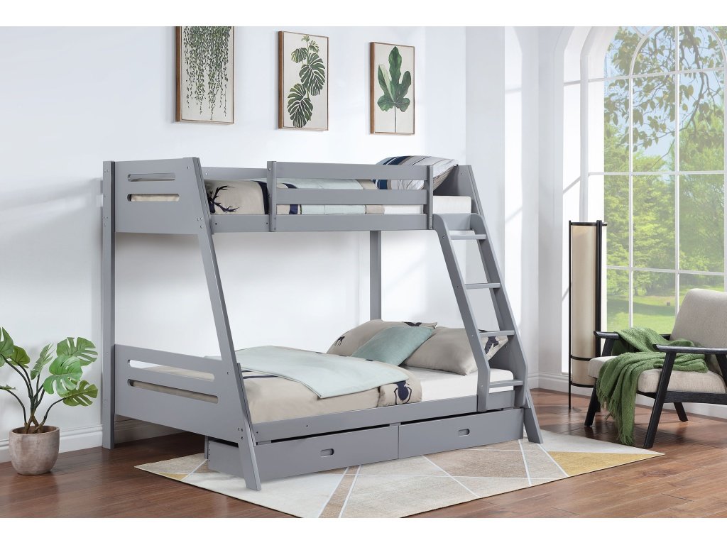 Trisha Wood Twin Over Full Bunk Bed With Storage Drawers Grey