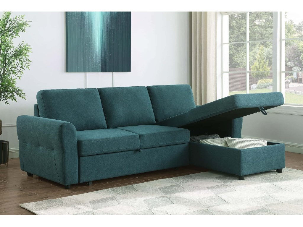 Samantha Upholstered Sleeper Sofa Sectional With Storage Chaise Teal Blue