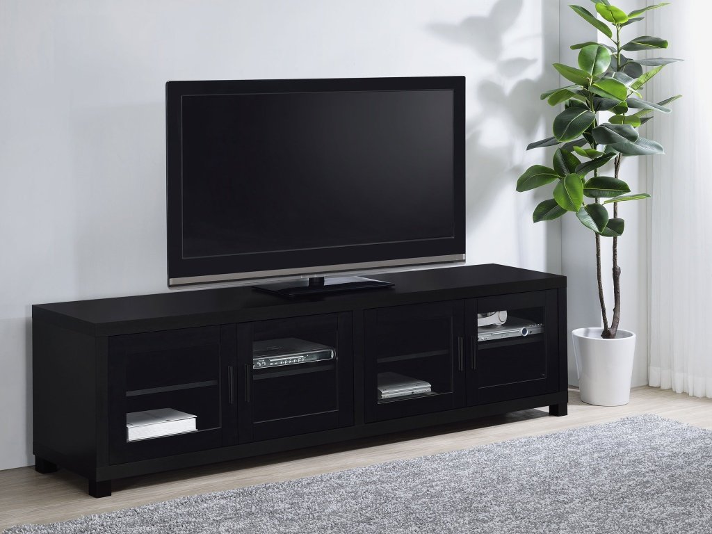 Jupiter 4-Door 79″ TV Stand Media Console With Framed Glass Panels Black