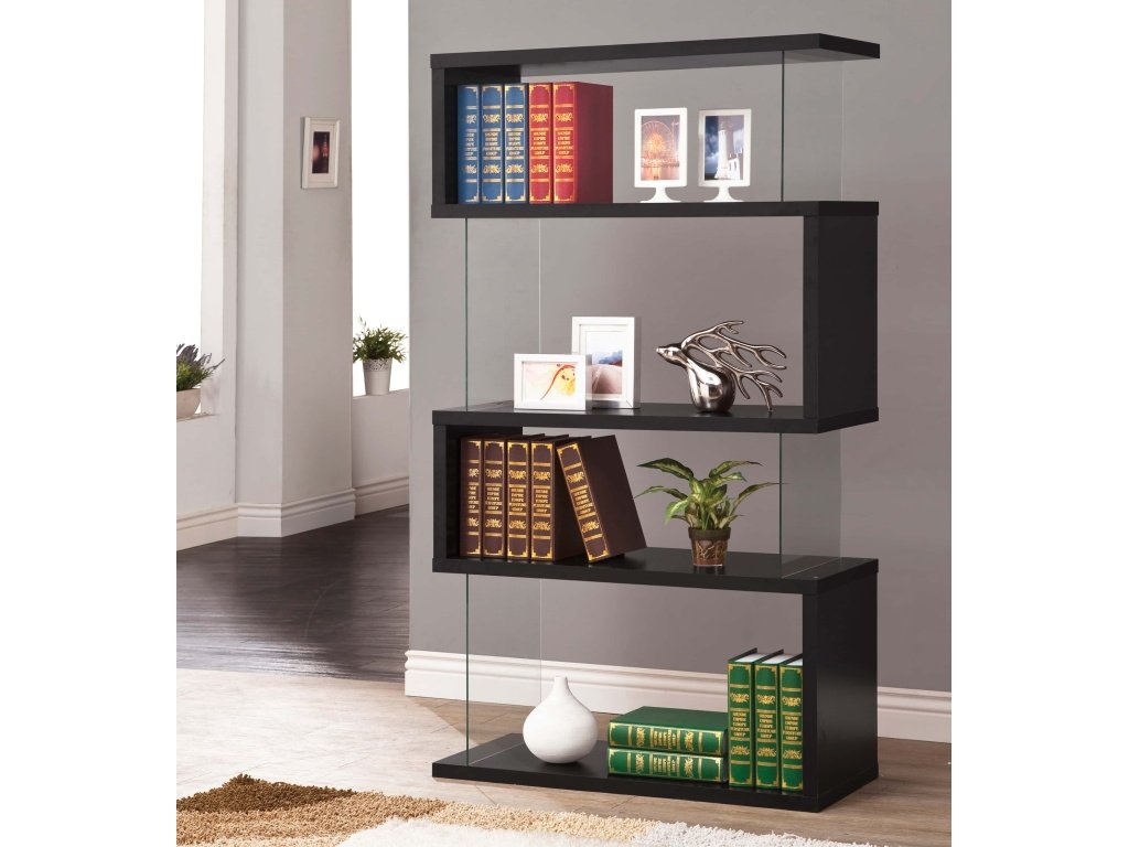 Emelle 63-Inch 4-Shelf Glass Panel Bookshelf Black