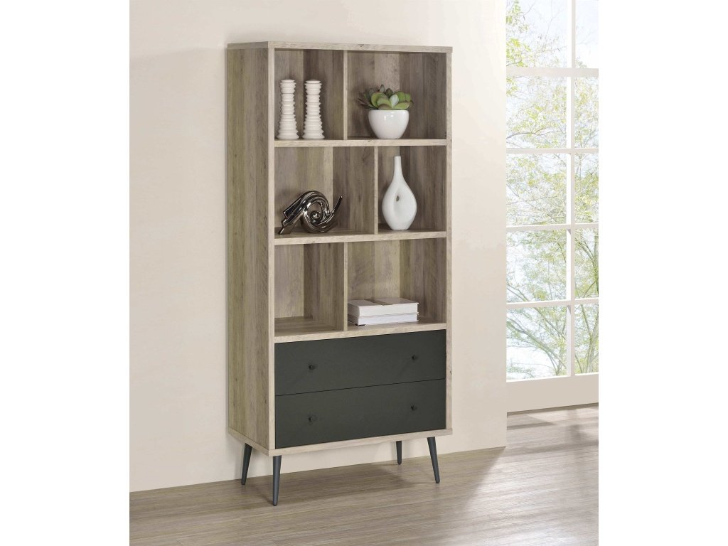 Maeve 3-Shelf Engineered Wood Bookcase With Drawers Antique Pine And Grey