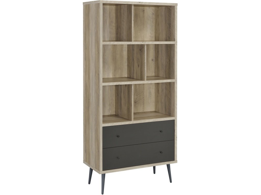 Maeve 3-Shelf Engineered Wood Bookcase With Drawers Antique Pine And Grey