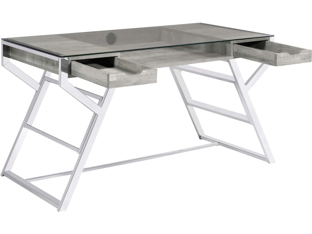 Emelle 56-Inch Glass Top Writing Desk Grey Driftwood