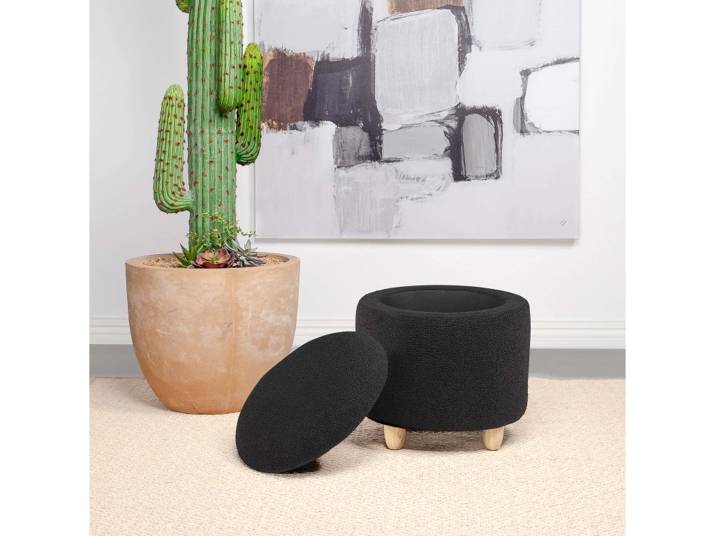 Valia Faux Sheepskin Upholstered Round Storage Ottoman Black