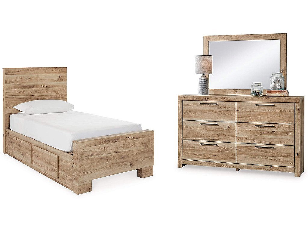 Hyanna Twin Panel Bed with 2 Side Storage, Dresser and Mirror