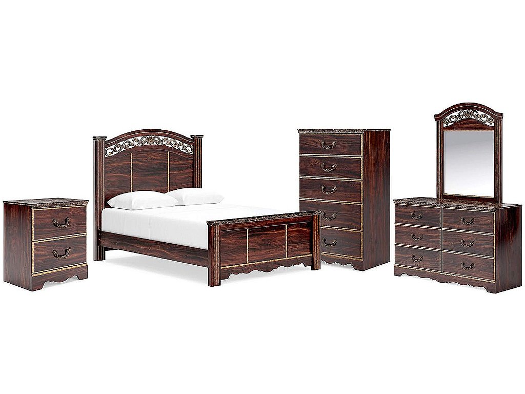 Glosmount Queen Poster Bed, Dresser, Mirror, Chest and Nightstand