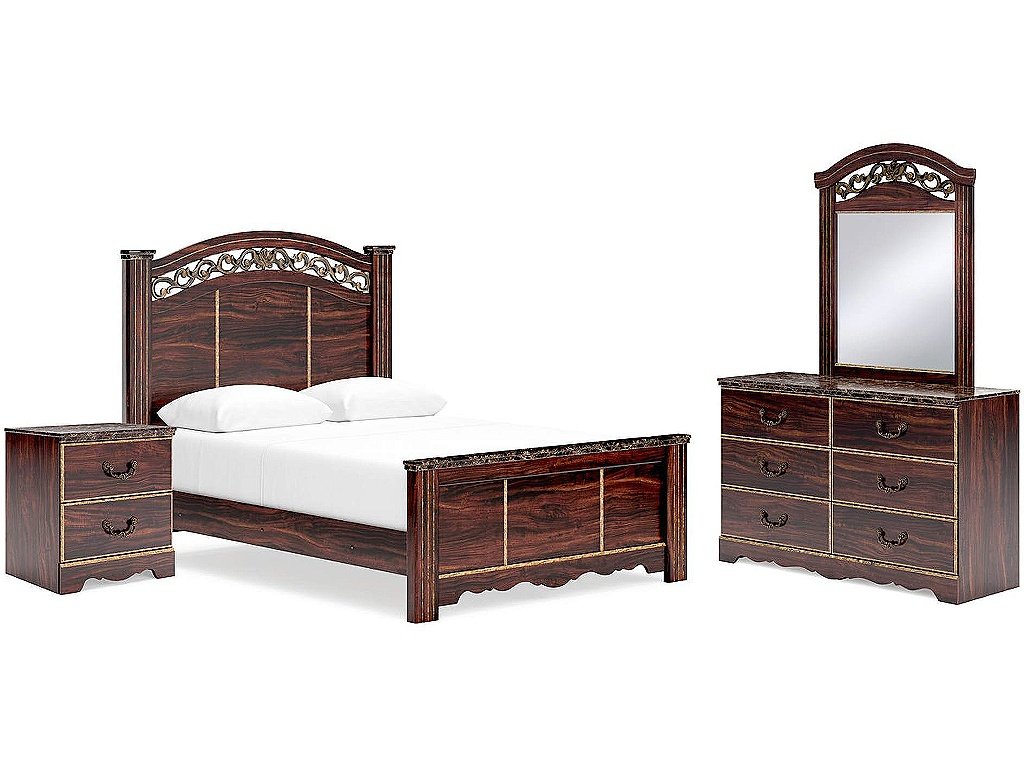 Glosmount Queen Poster Bed, Dresser, Mirror and Nightstand