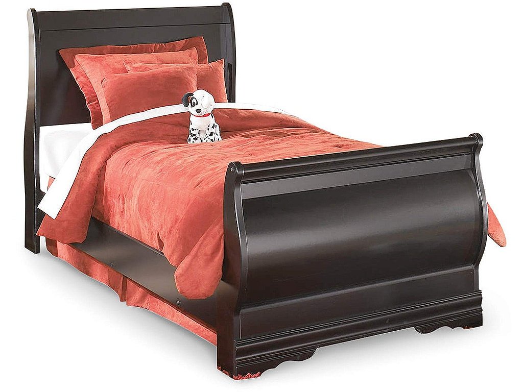 Huey Vineyard Twin Sleigh Bed with Mirroed Dresser and Nightstand