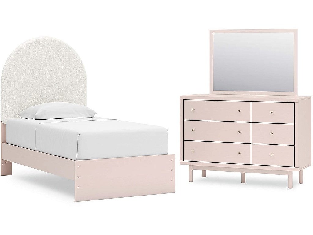 Wistenpine Twin Upholstered Panel Bed, Dresser and Mirror