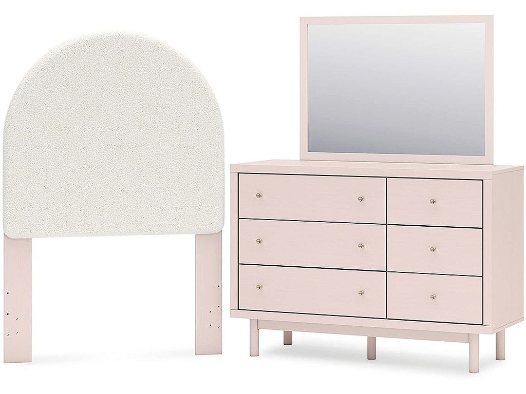 Wistenpine Twin Upholstered Panel Headboard, Dresser and Mirror