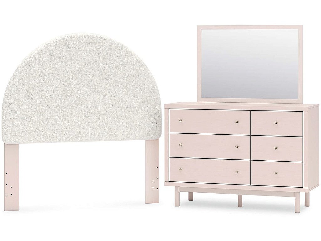 Wistenpine Full Upholstered Panel Headboard, Dresser and Mirror