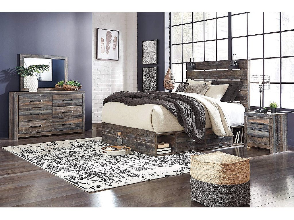 Drystan King Panel Bed with Storage, Dresser, Mirror and Nightstand