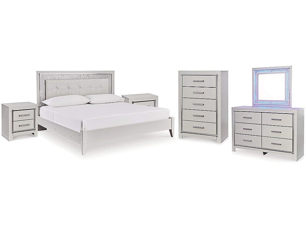 Zyniden Queen Upholstered Panel Bed, Dresser, Mirror, Chest and 2 Nightstands