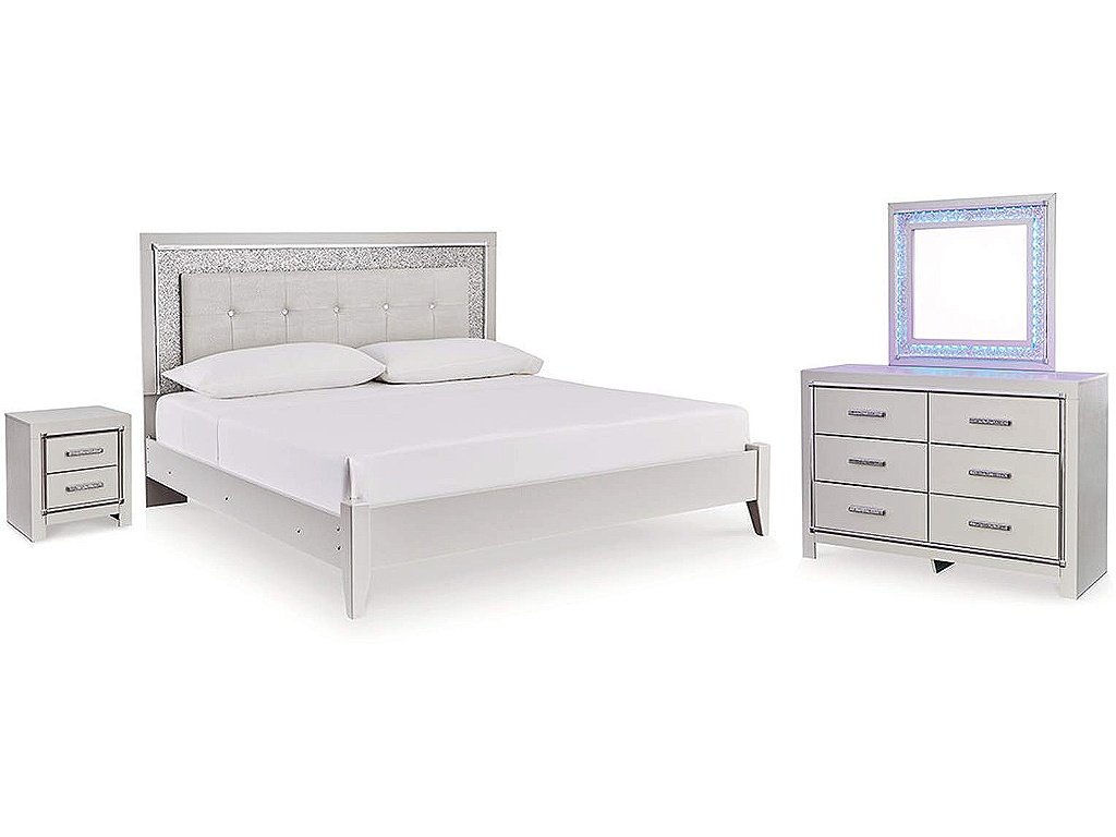 Zyniden Queen Upholstered Panel Bed, Dresser, Mirror and Nightstand