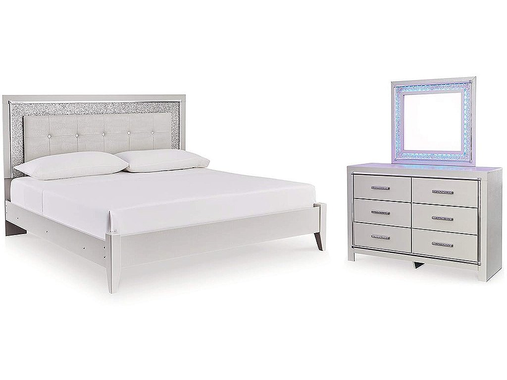 Zyniden Queen Upholstered Panel Bed, Dresser and Mirror