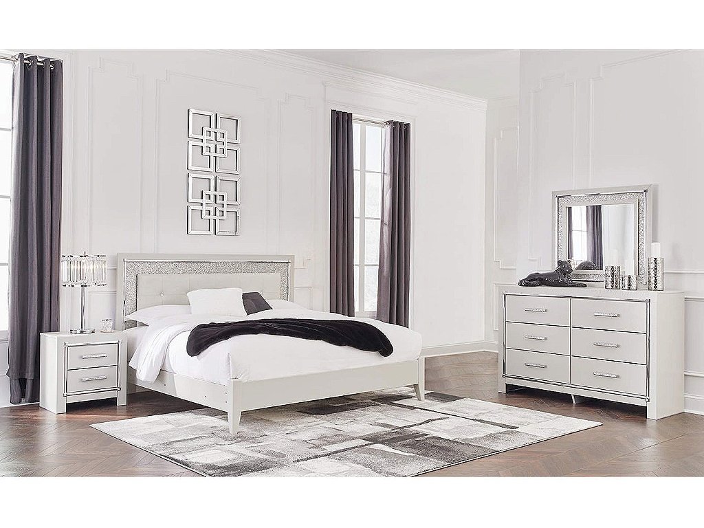 Zyniden King Upholstered Panel Bed, Dresser, Mirror and Nightstand