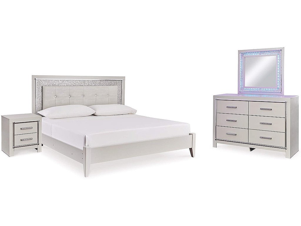 Zyniden King Upholstered Panel Bed, Dresser, Mirror and Nightstand