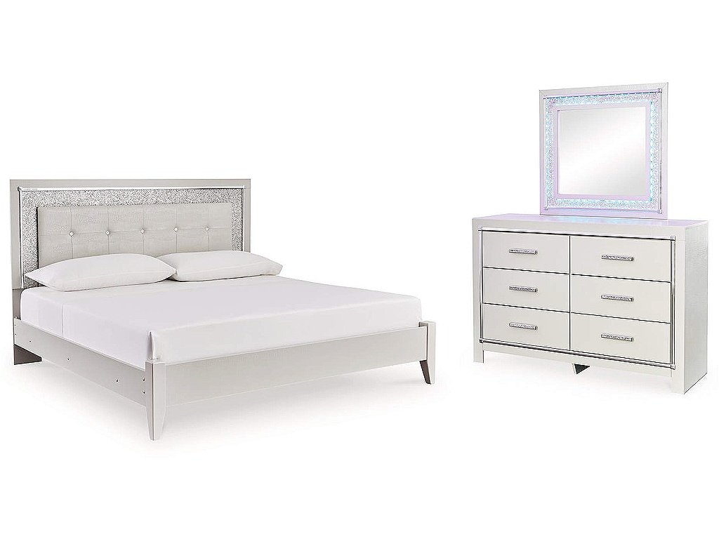 Zyniden King Upholstered Panel Bed, Dresser and Mirror