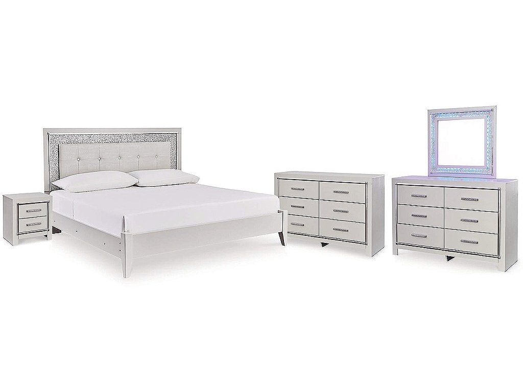 Zyniden Queen Upholstered Panel Bed, 2 Dressers, Mirror and Nightstand