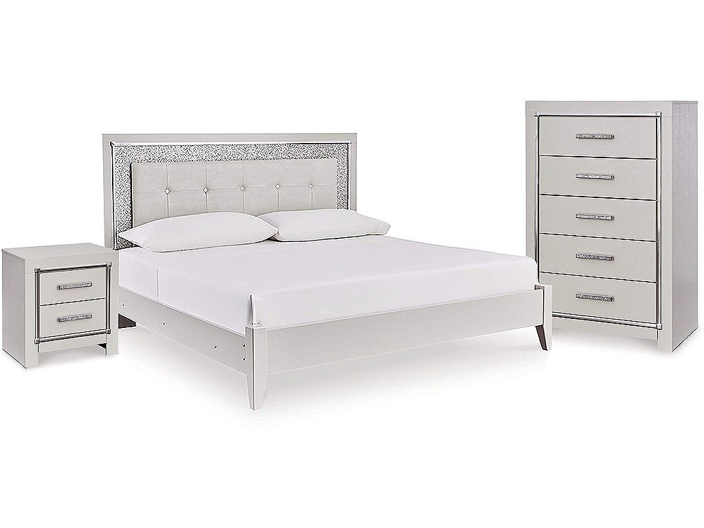 Zyniden Queen Upholstered Panel Bed, Chest and Nightstand