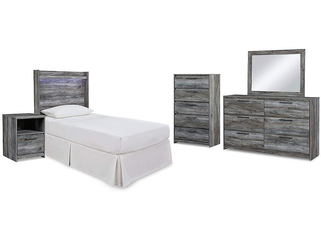 Baystorm Twin Panel Headboard Bed, Dresser, Mirror and Nightstand