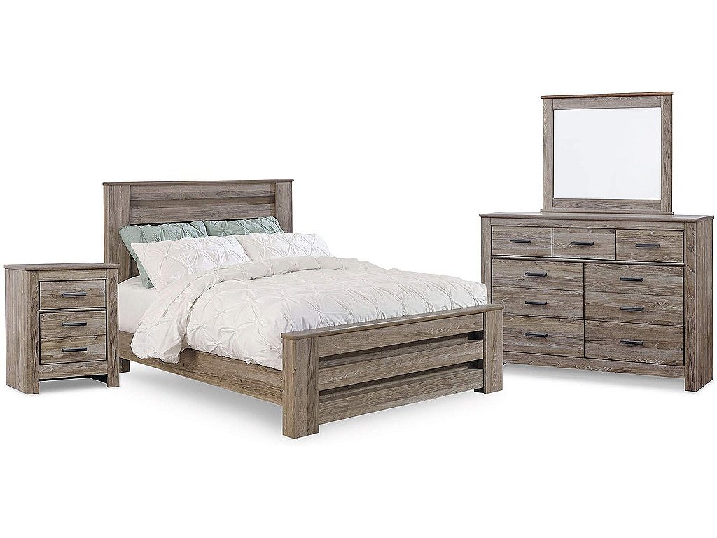 Zelen Queen Panel Bed, Dresser, Mirror and Nightstand