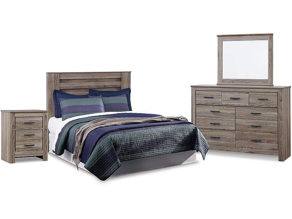 Zelen Queen Panel Headboard Bed with Mirrored Dresser and Nightstand