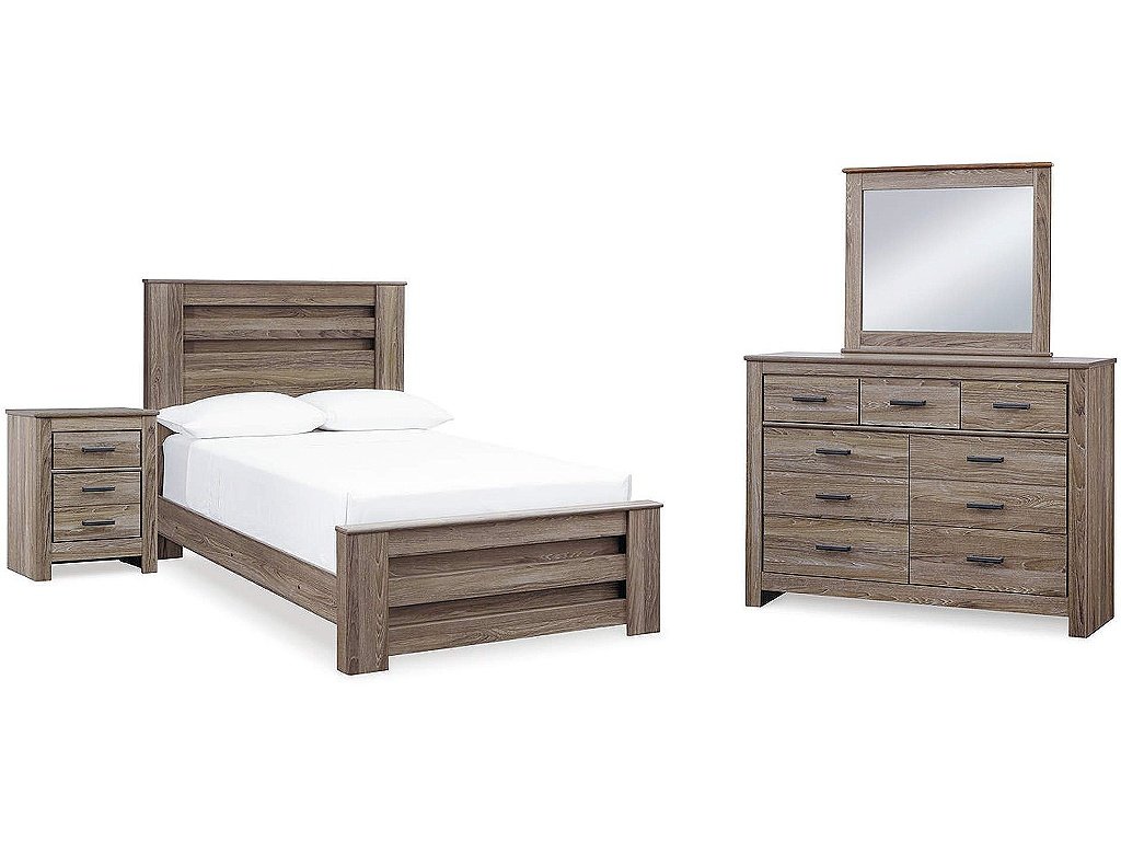 Zelen Full Panel Bed, Dresser, Mirror, and Nightstand