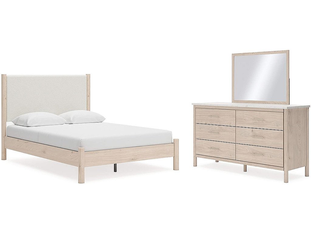 Cadmori Queen Upholstered Panel Bed, Dresser and Mirror