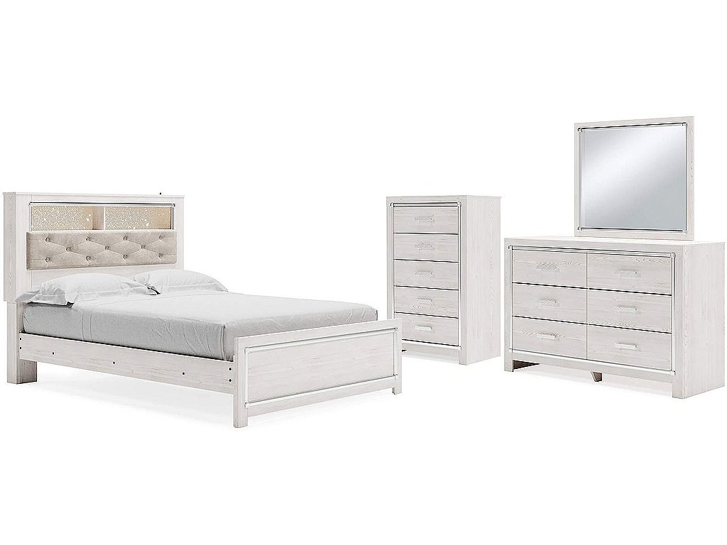 Altyra Queen Bookcase Panel Bed, Dresser, Mirror and Chest