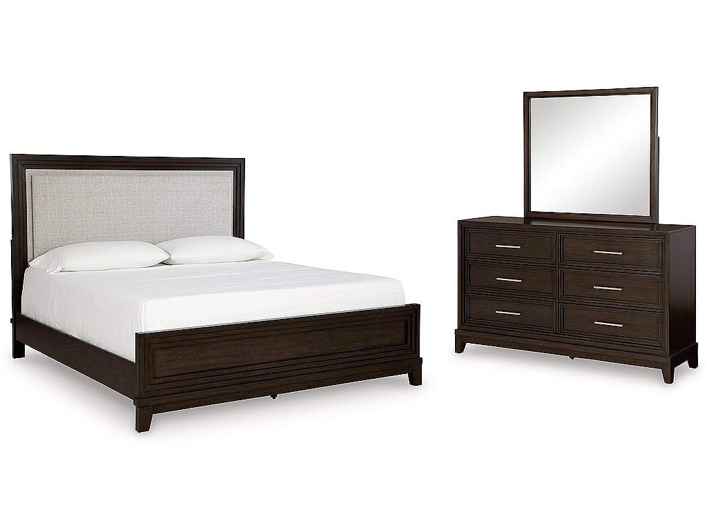 Neymorton Queen Upholstered Panel Bed, Dresser and Mirror