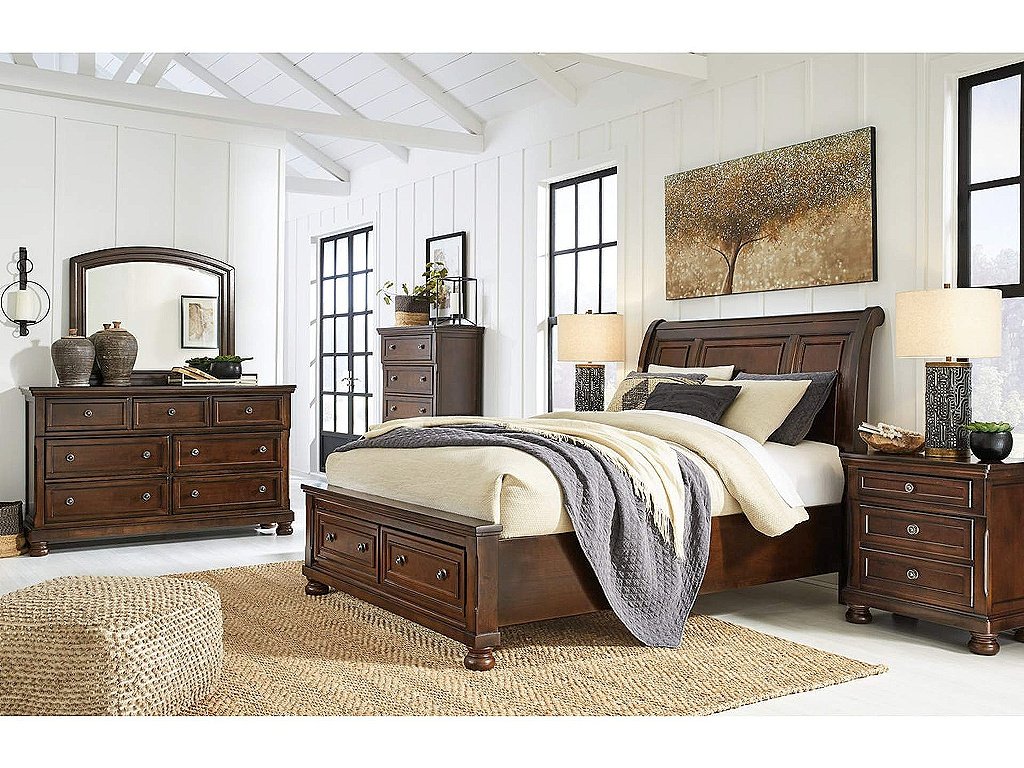 Porter Queen Sleigh Storage Bed, Dresser, Mirror, Chest, and 2 Nightstands